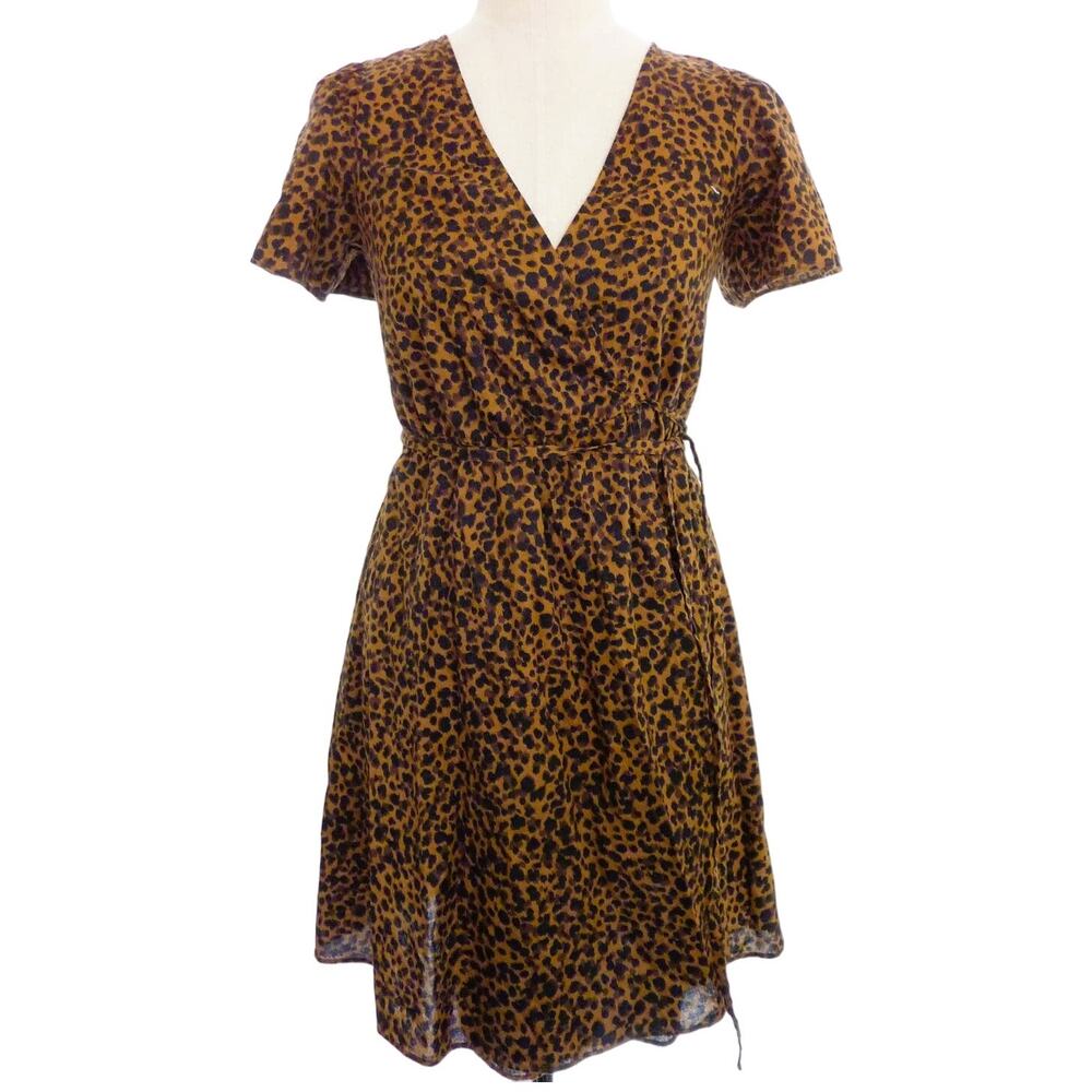 Madewell Brown Wrap Dress Animal Print Mini Dress Flutter Short Sleeve XS